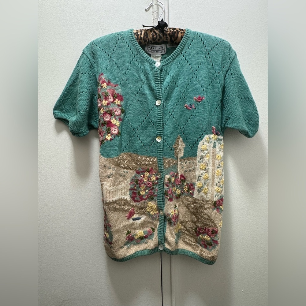Jantzen Hand Embroidered Sweater Petite S Cottagecore Grannycore Short Sleeve